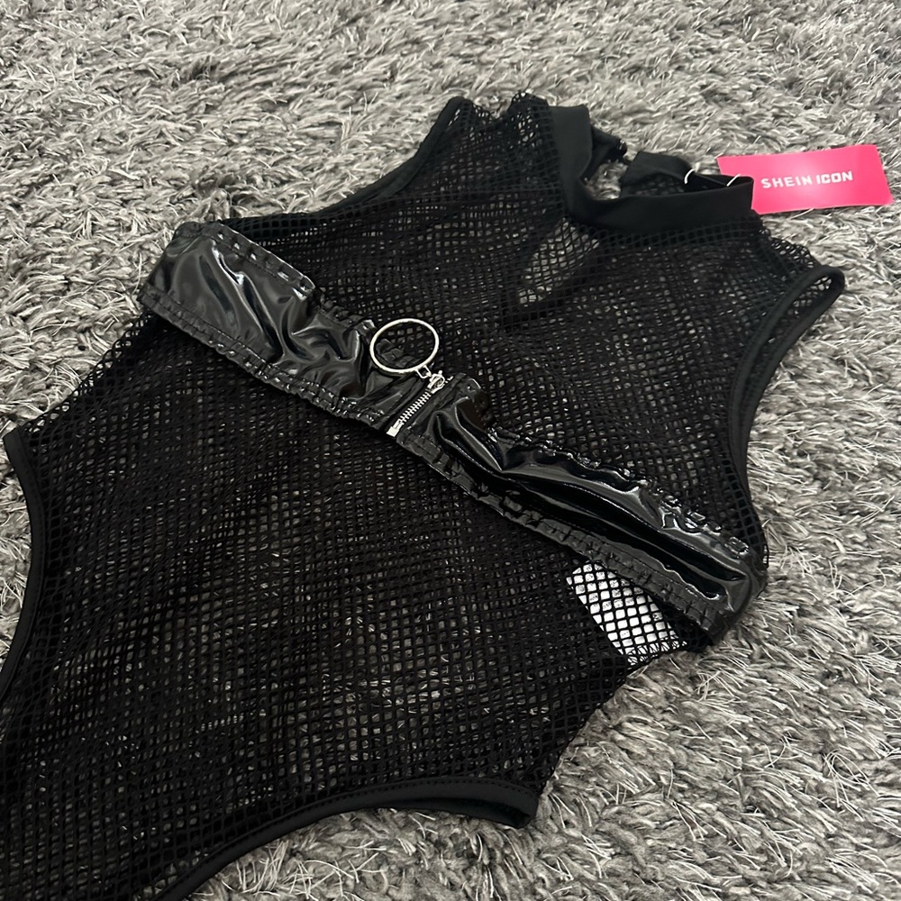 SHEIN Iconic Black Mesh Bodysuit with Ring Detail